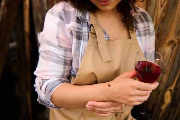 Close Cropped Image Young Woman Checkered Shirt Beige Apron Glass — Stockfoto