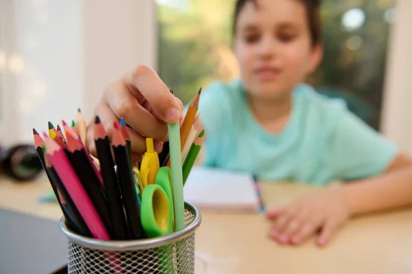 Focus Holder Colorful Pencils Scissors School Supplies Stationery Table Blurred — ストック写真