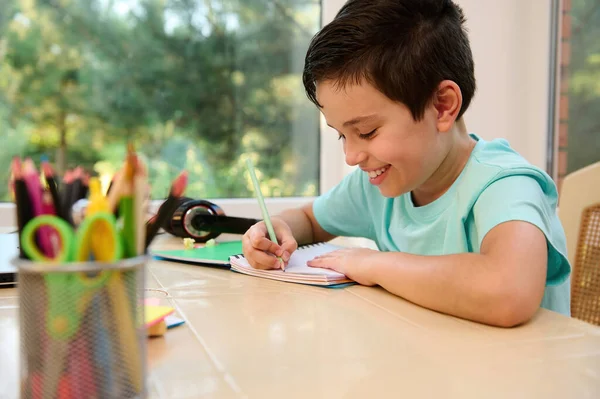 Adorable Handsome Child Schoolboy Doing Homework Learning New Educational Subject — Fotografia de Stock