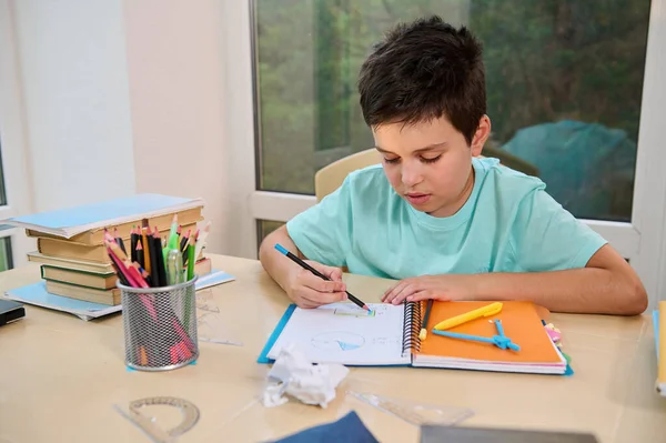 Confident Smart Student Schoolboy Using Colored Pencil Draws Calculates Surface —  Fotos de Stock