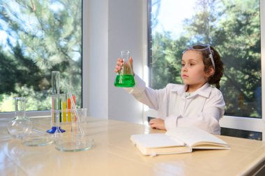 Little girl, future chemist scientist holding a flat bottomed flask with green liquid and observing the going chemical reaction during the chemistry lesson.