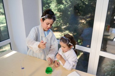 Brother and sister at chemistry class, make fascinating experiments together. Kids using pipette, dripping some reagents into a flat-bottomed flask with fluid and watching a going on chemical reaction
