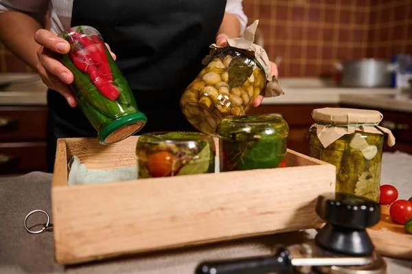 Details Sterilized Jars Canned Hot Pepper Pods Marinated Mushroom Champignons — Zdjęcie stockowe