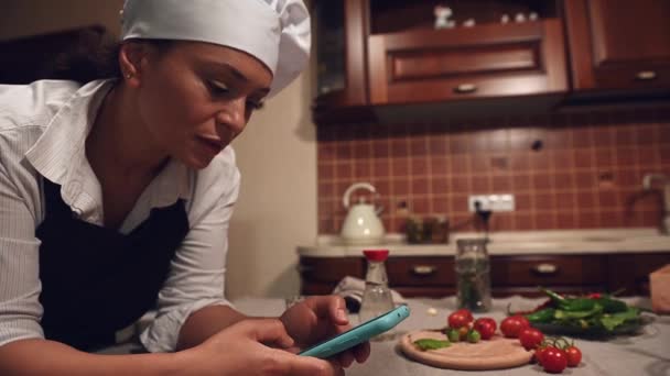 Close Beautiful Dark Haired Hispanic Woman White Chefs Cap Black — Video Stock