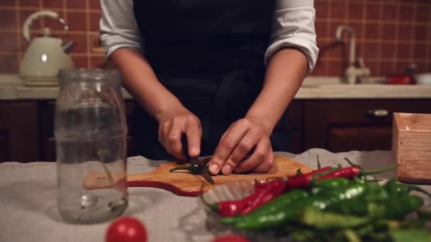 Details Hands Chef Housewife Using Kitchen Knife Cutting Red Green — Stockvideo