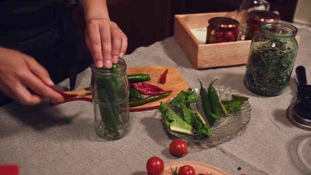 Details Hands Housewife Black Chefs Apron Holding Sterilized Jar Filled — Vídeo de stock