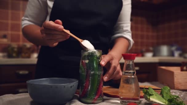 Close Housewife Pouring Scoop Sugar Vinegar Jar Hot Chili Fragrant — Stockvideo