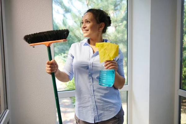 Multi Ethnic Charming Woman Homemaker Maid Housewife Holding Broom Cleaning — Photo