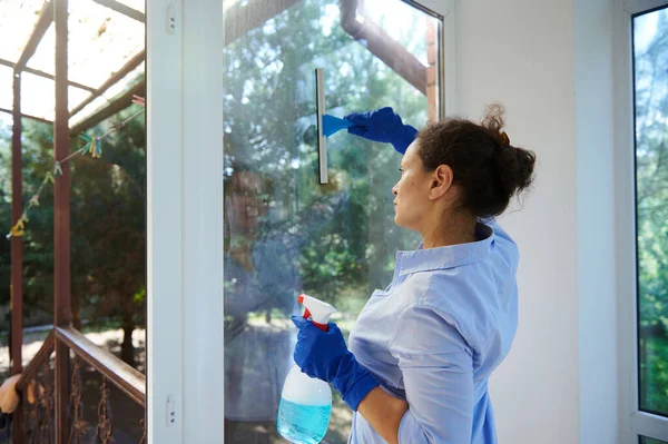 Rear View Maid Doing Household Chores Cleaning Windows Spraying Glass — Stock Photo, Image