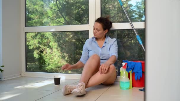 Housewife Woman Sits Clean Washed Floor Home Veranda Next Bucket — Stockvideo