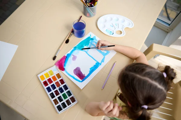 View Little Girl Talented Child Drawing Picture Paintbrush Watercolour Paints — Fotografia de Stock