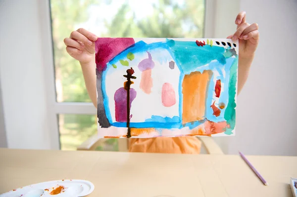 Focus Picture Watercolour Paints Hands Happy Little Girl Showing Her — Fotografia de Stock