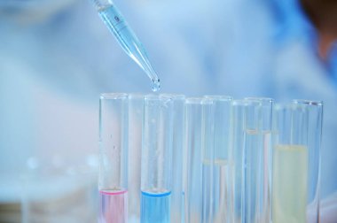 Selective focus on a drop of a blue liquid substance dripping from a glass laboratory pipette into a test tube on a tripod. Chemical science experiment or analysis in a clinical research laboratory