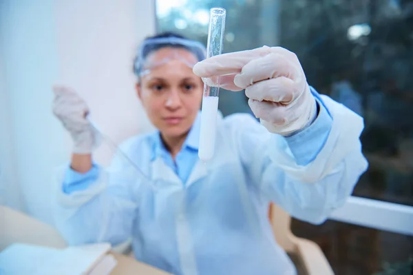 Detail Test Tube Chemical Preparation Hands Medical Protective Gloves Blurred — Zdjęcie stockowe
