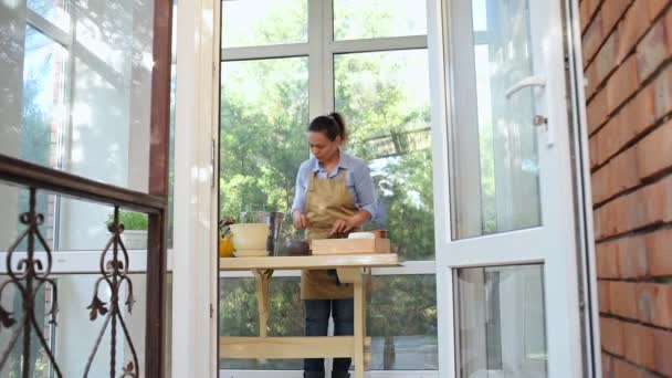 Full Length Woman Florist Gardener Beige Apron Enjoying Floriculture Hobby — Wideo stockowe