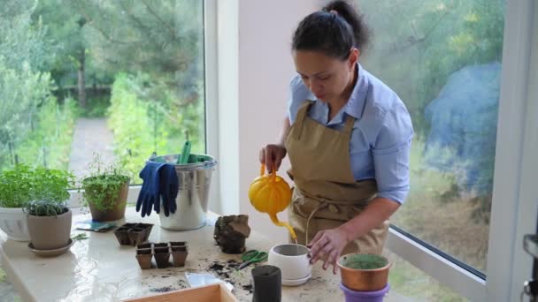 Inspired Female Florist Gardener Horticulturist Beige Apron Watering Soil Ceramic — Stockvideo