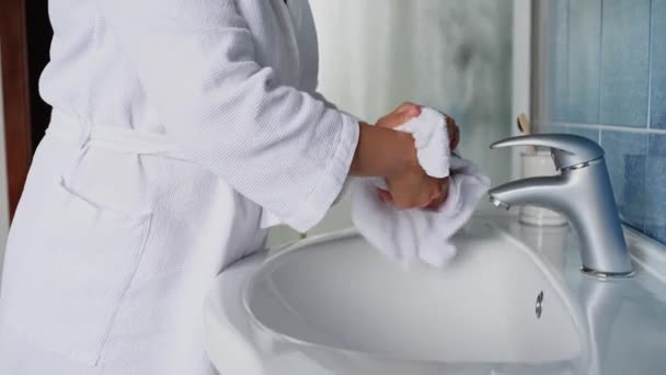 Close Woman Bathrobe Washing Hands Liquid Antibacterial Soap Wiping Terry — Vídeo de Stock