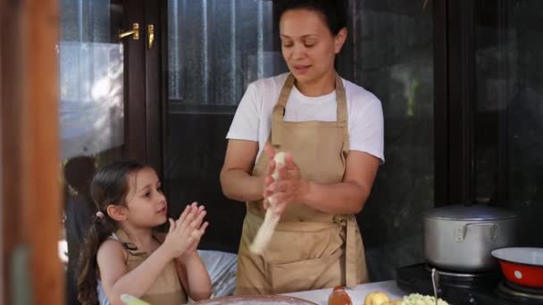 Happy Multiethnic Woman Young Loving Mother Beige Chef Apron Preparing — Video Stock