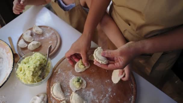 Overhead View Woman Loving Mother Hands Dumplings Teaching Her Adorable — Video Stock