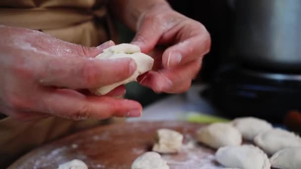 Close Details Hands Housewife Cook Beige Chef Apron Making Dumplings — Vídeo de stock