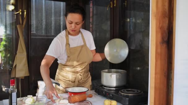 Charming Multi Ethnic Woman Pleasant Housewife Beige Chef Apron Standing — Vídeo de stock