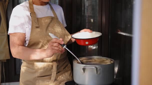 Close Pleasant Woman Housewife Cook Ukrainian National Dish Vareniki Dumplings — 图库视频影像