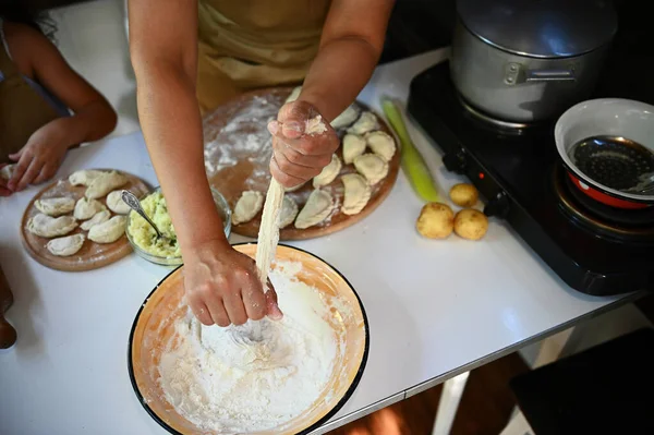 View Woman Housewife Kneading Dough Holding Her Hands Enamel Bowl — Fotografia de Stock