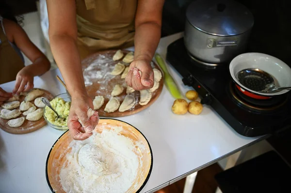 View Female Cook Sprinkles While Wholegrain Flour Dough Make Homemade — Photo