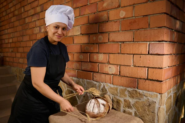 Charming woman baker in white chef\'s cap and black apron, smiles looking at camera, putting wheat spikelets near a loaf of fresh baked whole grain sourdough bread, on the table with burlap tablecloth