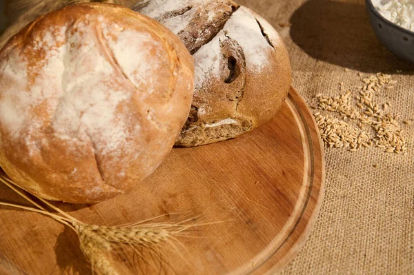 Widok Góry Różnych Bochenków Świeżo Upieczonego Pełnoziarnistego Domowego Tradycyjnego Chleba — Zdjęcie stockowe