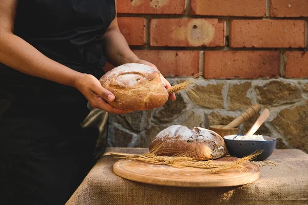 Primer Plano Panadero Sosteniendo Una Hogaza Pan Integral Trigo Recién — Foto de Stock