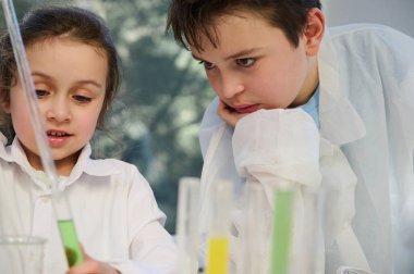 Çok sevimli beyaz çocukların yakın plan portresi, fen sınıfındaki zeki öğrenciler sıvıyla deney yapıyorlar, kimyasal deneyler yapıyorlar, test tüplerinde damlayan reaksiyonları izliyorlar.