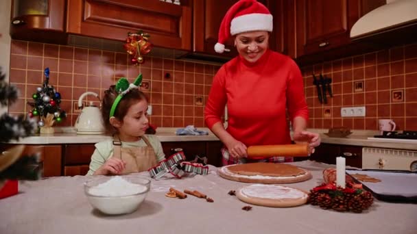 Allegro Famiglia Felice Una Bella Donna Multietnica Babbo Natale Cappello — Video Stock