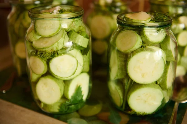 Pickling Canning Marinating Preserving Homegrown Vegetables Winter Organic Sliced Zucchini — Stock Photo, Image