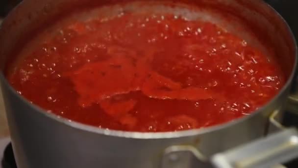 ストーブの上に金属鍋で沸騰トマトジュースのクローズアップ イタリアの伝統的なレシピによると 有機熟した収穫されたジューシーなトマトから自家製パスタを準備します 冬の缶詰 — ストック動画