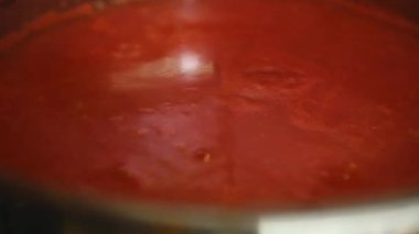 Mutfaktaki ocakta metal bir tencerede domates suyu kaynıyor. Ev yapımı domates sosu ya da organik ev yapımı olgun domateslerden passata hazırlamak. Kış için sebze konservesi