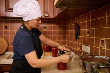 Ev hanımı portresi kavanozların kapağını yeni haşlanmış domates suyu ya da passata ile kapatıyordu. Dikiş makinesi ya da özel dikiş anahtarıyla. Konserve. Turşu. Ev yapımı konserve yemekler. Terbiye ediliyor
