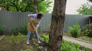 Hasır şapkalı ve bej önlüklü çekici bir Latin Amerikalı bahçıvanın portresi kır evinin arka bahçesindeki bir sebze bahçesini otlatıyor. Bahçede sonbahar temizliği