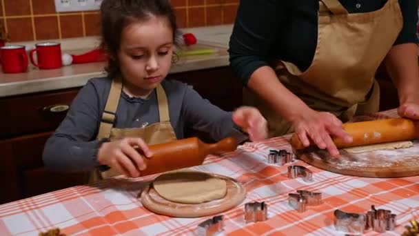 Caucasian Child Girl Beige Apron Learns Making Festive Cookies Christmas — Stock Video