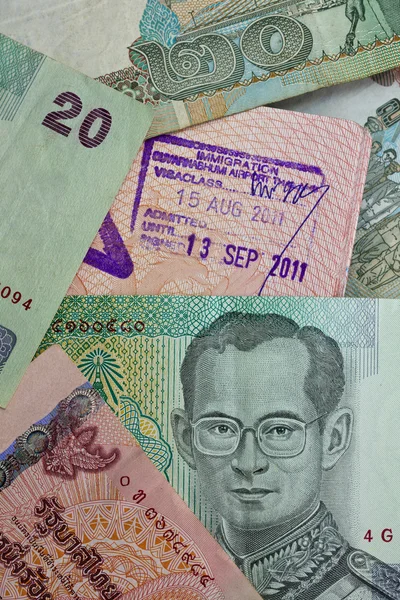 Customs stamp Airport Bangkok and Thai money — Stock Photo, Image