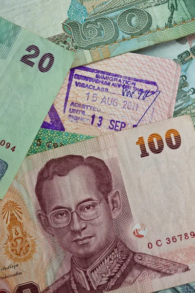 Customs stamp Airport Bangkok and Thai money — Stock Photo, Image