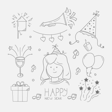 Yeni Yıl Çizgi Sanatında Doodle Arkaplanı