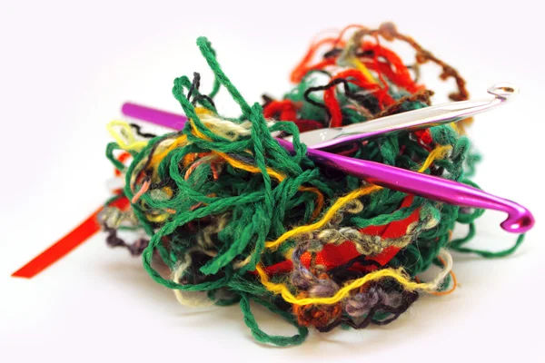 Colorful threads and crochet hooks — Stock Photo, Image