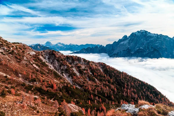 Nuvens Vale Sob Pico Dos Alpes Julianos — Fotografia de Stock