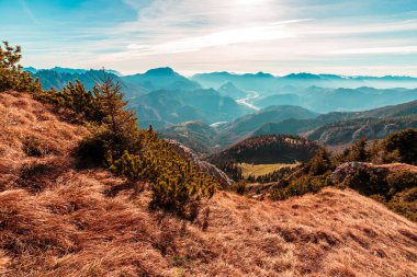 Renkli bir sonbahar döneminde, kırsal alplerde güneşli bir gün.