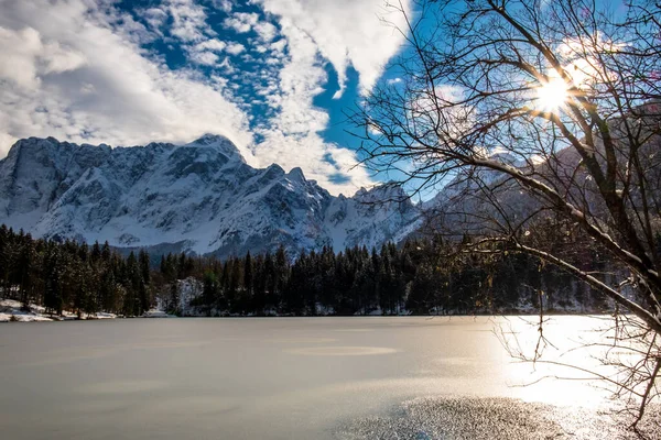 Pôr Sol Frente Monte Mangart Nos Alpes Italianos — Fotografia de Stock