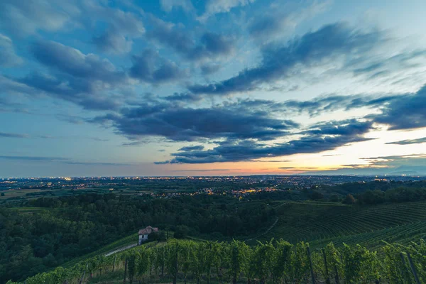 Zon Gaat Onder Boven Wijngaarden Van Savorgnano Del Torre Friuli — Stockfoto