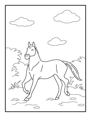 Çocuklar için at boyama sayfası. Rahatlama ve meditasyon için boyama kitabı.