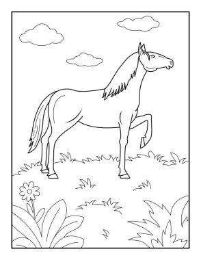 Çocuklar için at boyama sayfası. Rahatlama ve meditasyon için boyama kitabı.