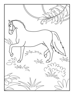 Çocuklar için at boyama sayfası. Rahatlama ve meditasyon için boyama kitabı.